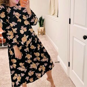 Who What Wear Black Floral Long Sleeve Cotton Maxi Dress Small